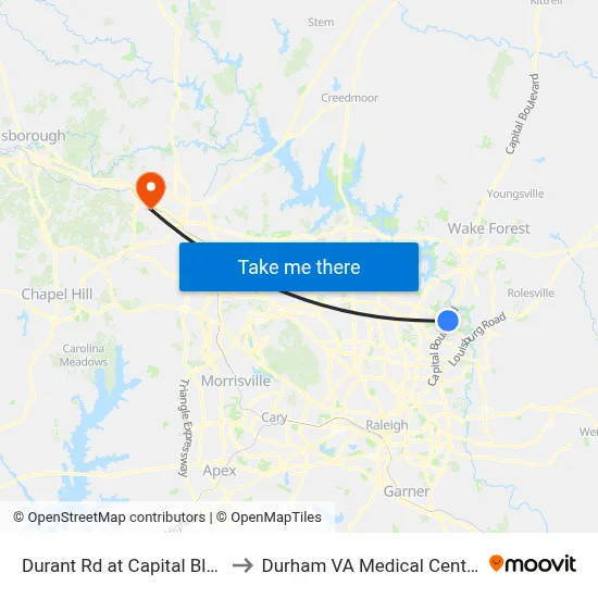 Durant Rd at Capital Blvd to Durham VA Medical Center map