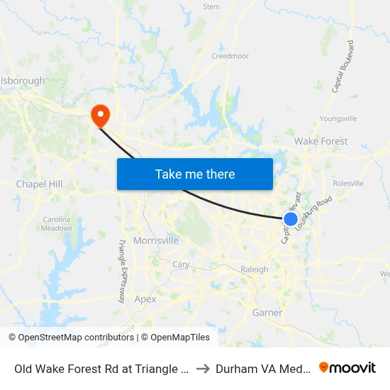 Old Wake Forest Rd at Triangle Town Center Blvd to Durham VA Medical Center map