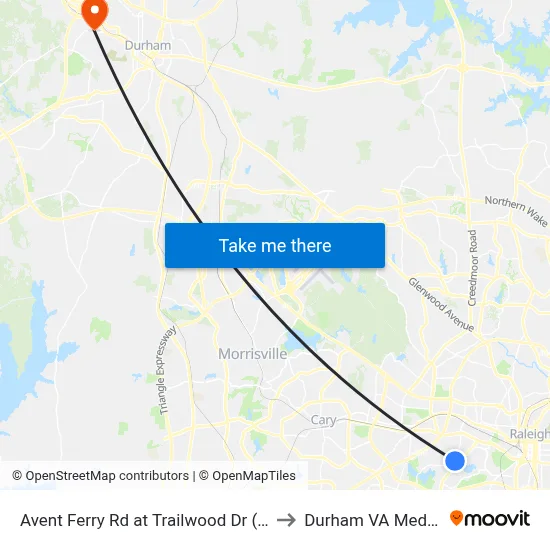 Avent Ferry Rd at Trailwood Dr (Kensington Apts) to Durham VA Medical Center map