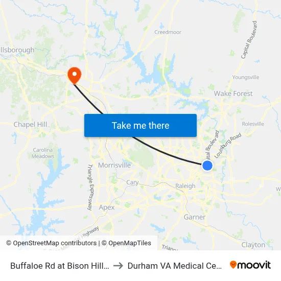 Buffaloe Rd at Bison Hill Ln to Durham VA Medical Center map