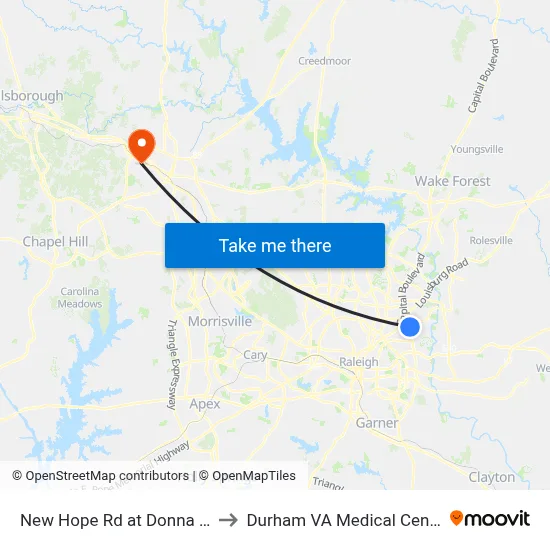 New Hope Rd at Donna Rd to Durham VA Medical Center map
