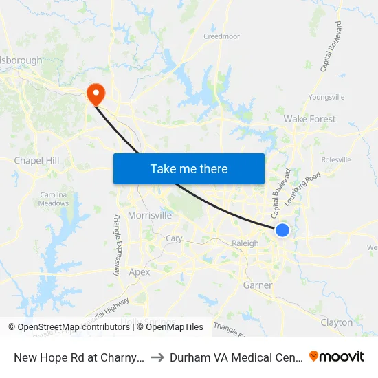 New Hope Rd at Charny Dr to Durham VA Medical Center map