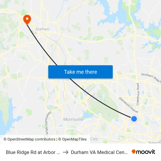 Blue Ridge Rd at Arbor Dr to Durham VA Medical Center map