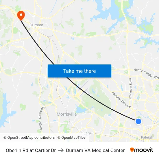 Oberlin Rd at Cartier Dr to Durham VA Medical Center map