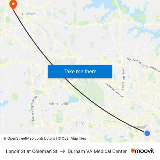 Lenoir St at Coleman St to Durham VA Medical Center map
