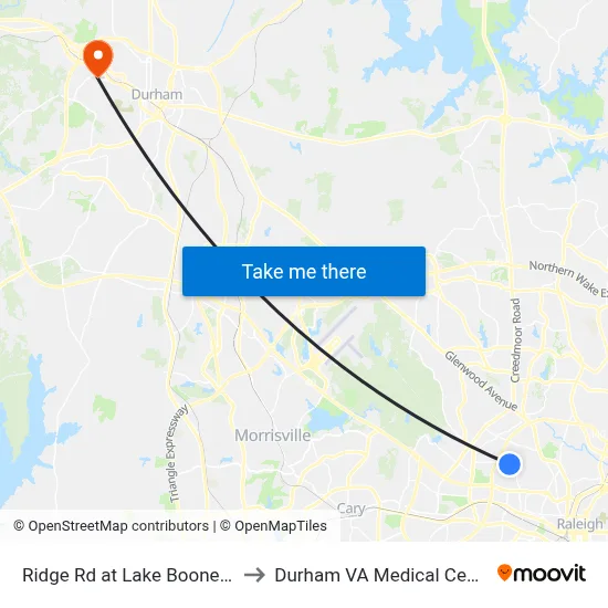 Ridge Rd at Lake Boone Rd to Durham VA Medical Center map