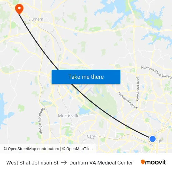 West St at Johnson St to Durham VA Medical Center map