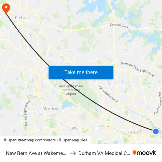 New Bern Ave at Wakemed (Wb) to Durham VA Medical Center map