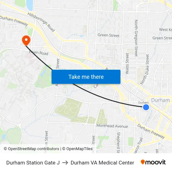 Durham Station Gate J to Durham VA Medical Center map