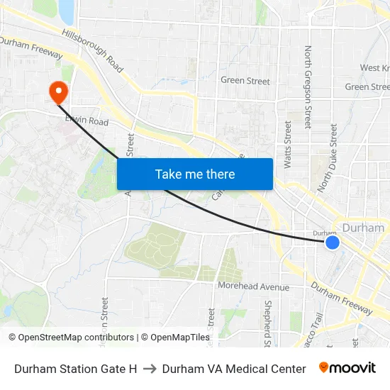 Durham Station Gate H to Durham VA Medical Center map
