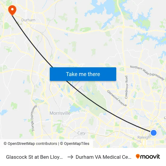 Glascock St at Ben Lloyd Dr to Durham VA Medical Center map