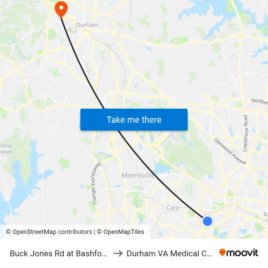 Buck Jones Rd at Bashford Rd to Durham VA Medical Center map