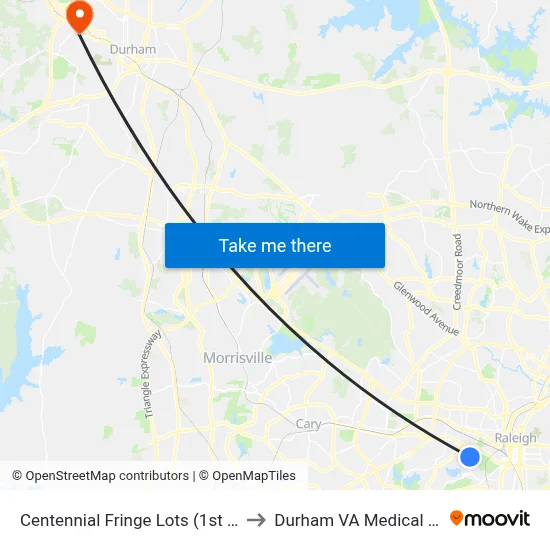 Centennial Fringe Lots (1st Shelter) to Durham VA Medical Center map