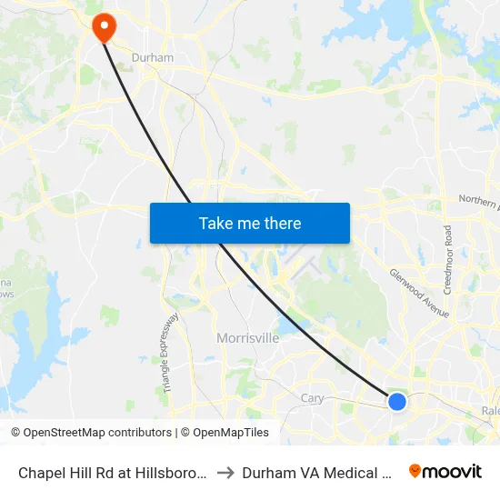 Chapel Hill Rd at Hillsborough St to Durham VA Medical Center map