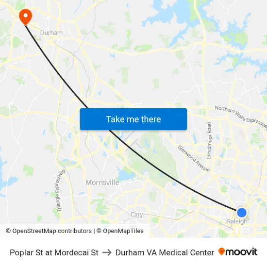Poplar St at Mordecai St to Durham VA Medical Center map