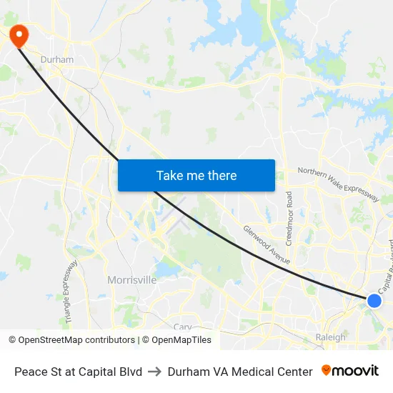 Peace St at Capital Blvd to Durham VA Medical Center map