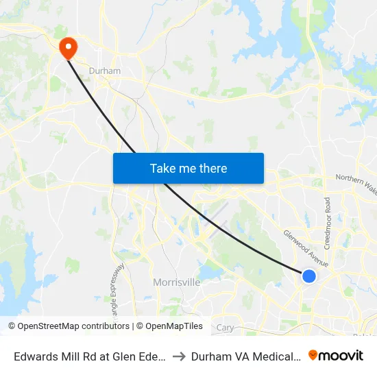 Edwards Mill Rd at Glen Eden Dr (Nb) to Durham VA Medical Center map