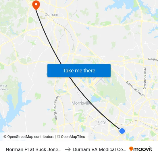 Norman Pl at Buck Jones Rd to Durham VA Medical Center map