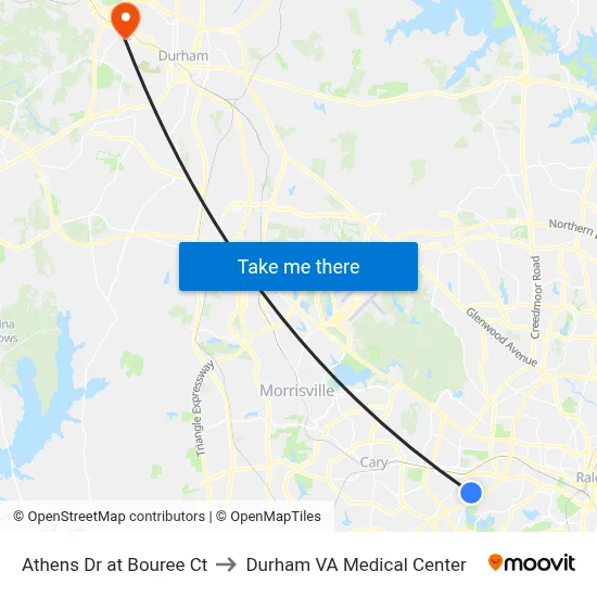 Athens Dr at Bouree Ct to Durham VA Medical Center map