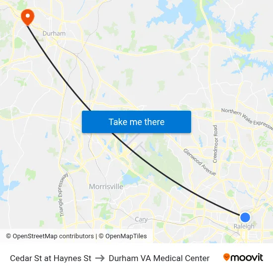 Cedar St at Haynes St to Durham VA Medical Center map
