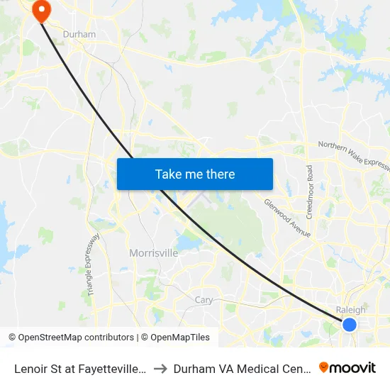 Lenoir St at Fayetteville St to Durham VA Medical Center map