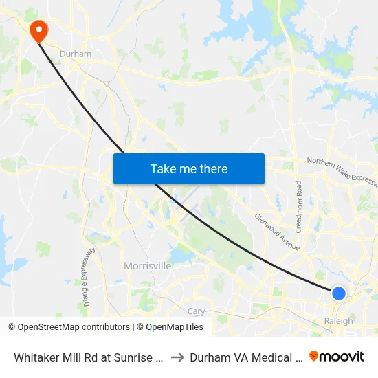 Whitaker Mill Rd at Sunrise Ave (Ob) to Durham VA Medical Center map
