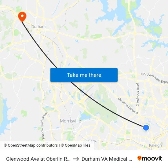Glenwood Ave at Oberlin Rd (Nb) to Durham VA Medical Center map