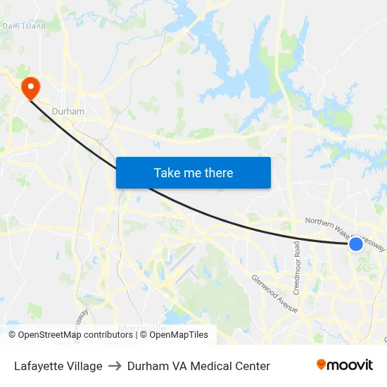 Lafayette Village to Durham VA Medical Center map