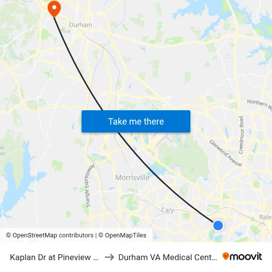 Kaplan Dr at Pineview Dr to Durham VA Medical Center map