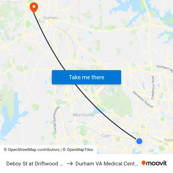 Deboy St at Driftwood Dr to Durham VA Medical Center map