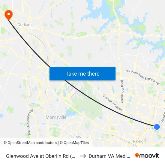 Glenwood Ave at Oberlin Rd (The Carolinian) to Durham VA Medical Center map