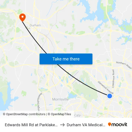 Edwards Mill Rd at Parklake Ave (Sb) to Durham VA Medical Center map