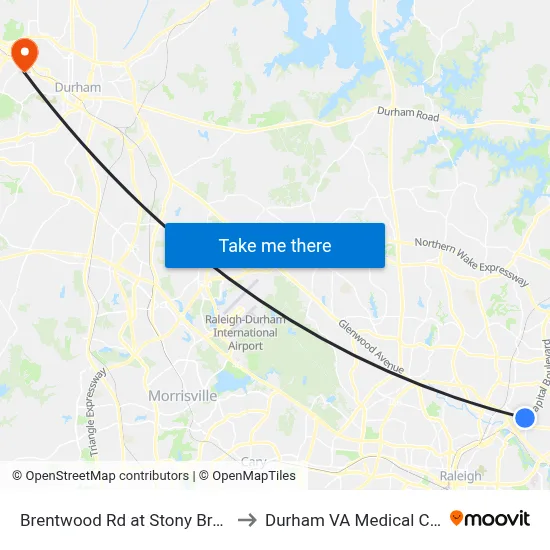 Brentwood Rd at Stony Brook Dr to Durham VA Medical Center map