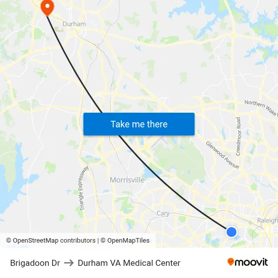 Brigadoon Dr to Durham VA Medical Center map