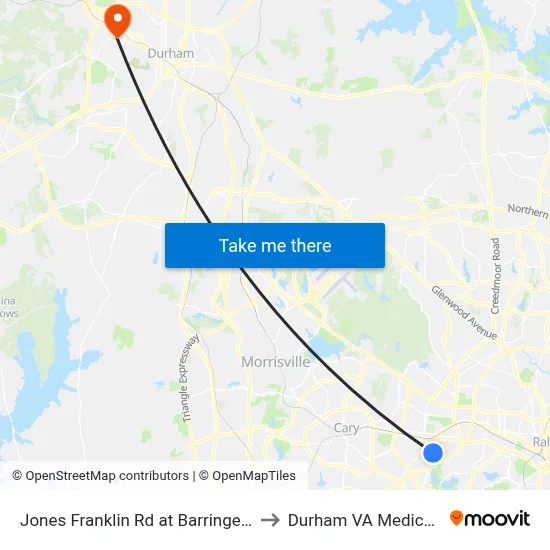 Jones Franklin Rd at Barringer Dr (North) to Durham VA Medical Center map