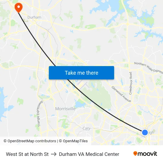 West St at North St to Durham VA Medical Center map
