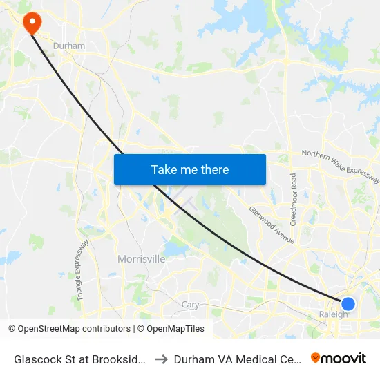 Glascock St at Brookside Dr to Durham VA Medical Center map
