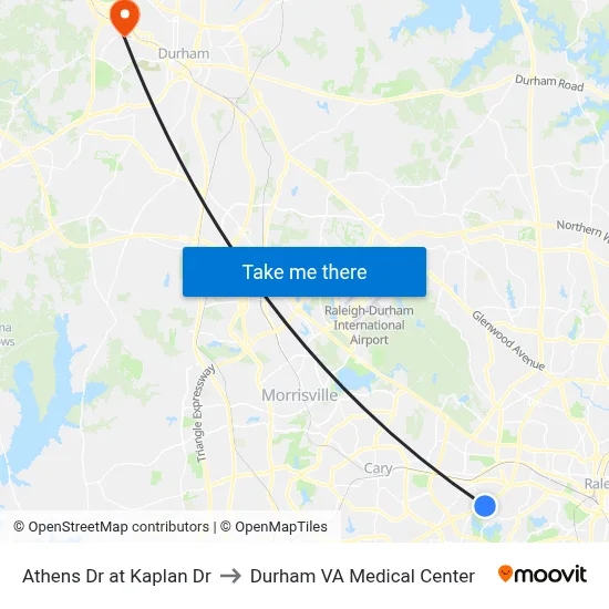 Athens Dr at Kaplan Dr to Durham VA Medical Center map
