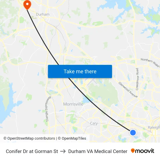Conifer Dr at Gorman St to Durham VA Medical Center map