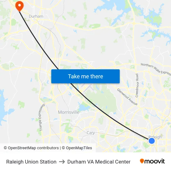 Raleigh Union Station to Durham VA Medical Center map