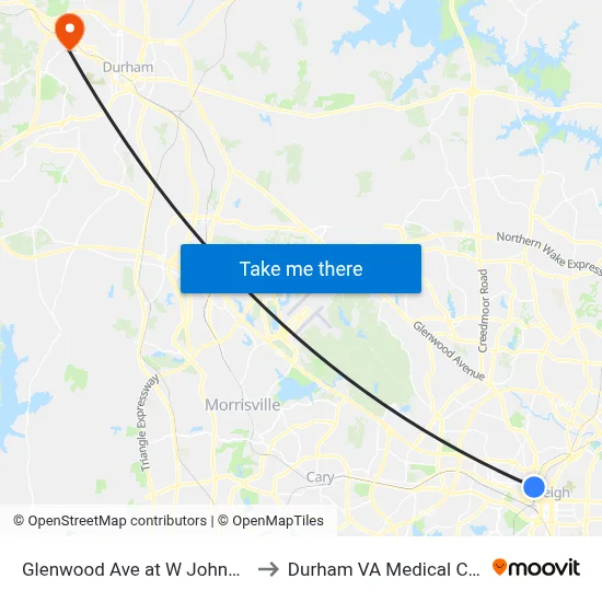 Glenwood Ave at W Johnson St to Durham VA Medical Center map