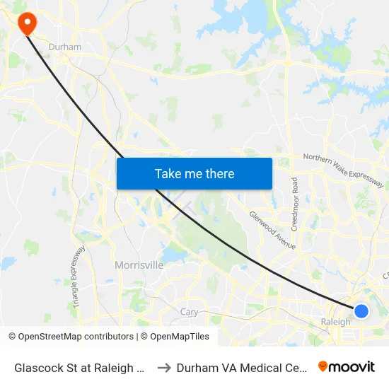 Glascock St at Raleigh Blvd to Durham VA Medical Center map