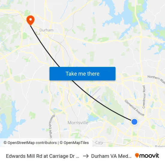Edwards Mill Rd at Carriage Dr (Laurel Hills Park) to Durham VA Medical Center map
