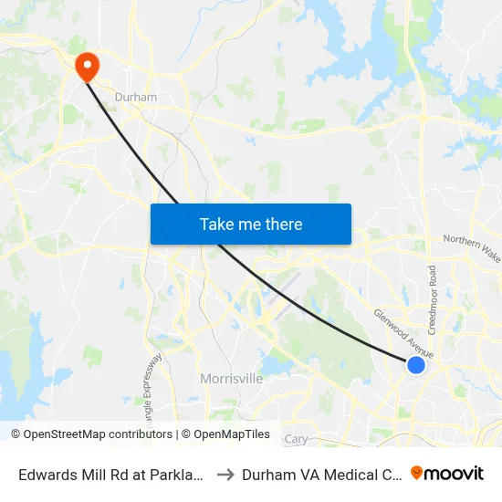 Edwards Mill Rd at Parklake Ave to Durham VA Medical Center map