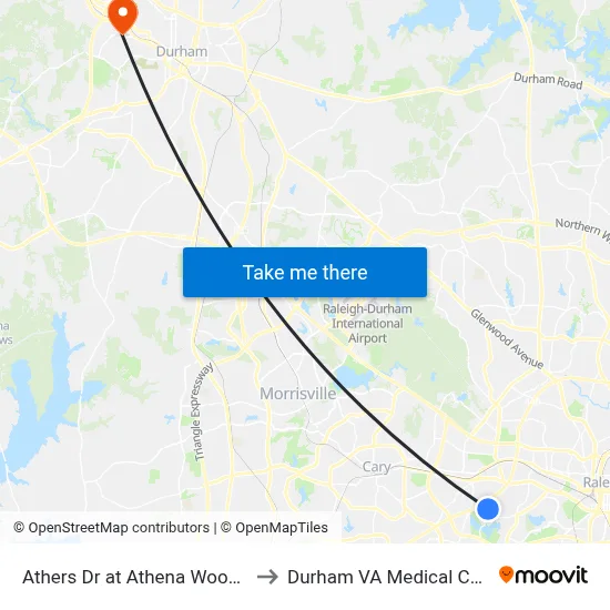 Athers Dr at Athena Woods Ln to Durham VA Medical Center map