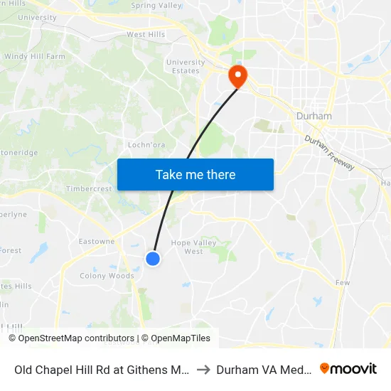 Old Chapel Hill Rd at Githens Middle School (Wb) to Durham VA Medical Center map