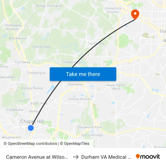 Cameron Avenue at Wilson Street to Durham VA Medical Center map