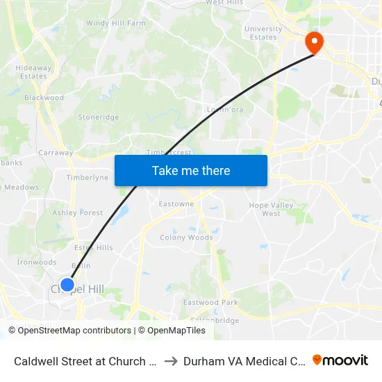 Caldwell Street at Church Street to Durham VA Medical Center map