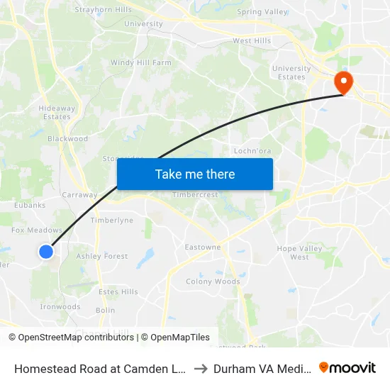 Homestead Road at Camden Lane Southbound to Durham VA Medical Center map
