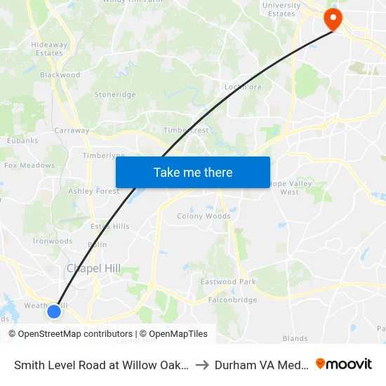 Smith Level Road at Willow Oak Lane Southbound to Durham VA Medical Center map